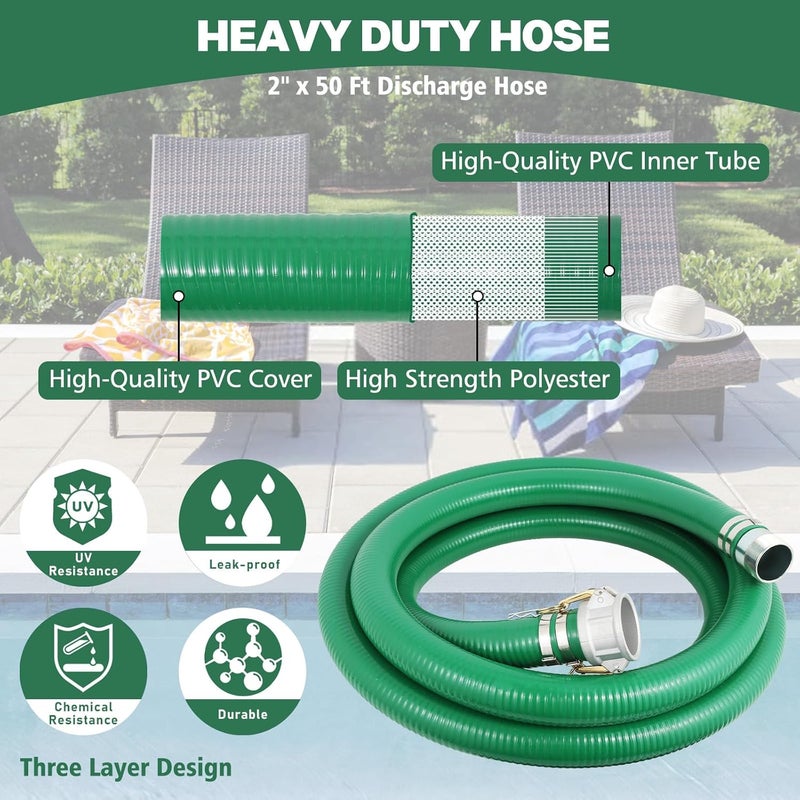 Picatu Heavy Duty 2" x 20' Green PVC Discharge Hose Pump Kit, Pool Suction Hose with Aluminum Camlock Fittings, Steel Round Strainer, Cam & Groove Adapter - Image 3